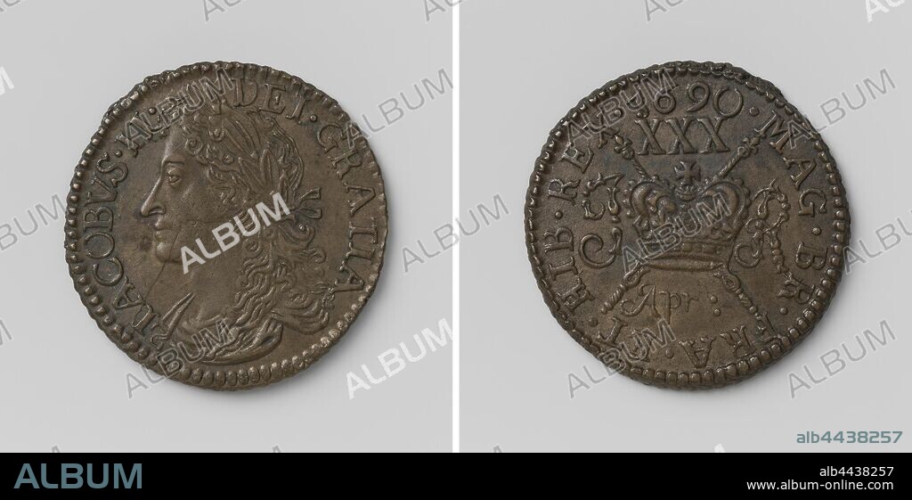 Emergency coin of a half crown of siege by James II, king of England, from April 1690, Obverse: bust of man with laurel wreath inside an inscription. Reverse: crown, through which two crossed scepters protrude between the monogram of letters J and R, above crown Roman numeral XXX, below crown inscription 'Apr:' inside inscription, Ireland, James II (king of England and Scotland), anonymous, Ierland, Apr-1690, copper (metal), striking (metalworking), d 3.3 cm × w 13.89 gr.