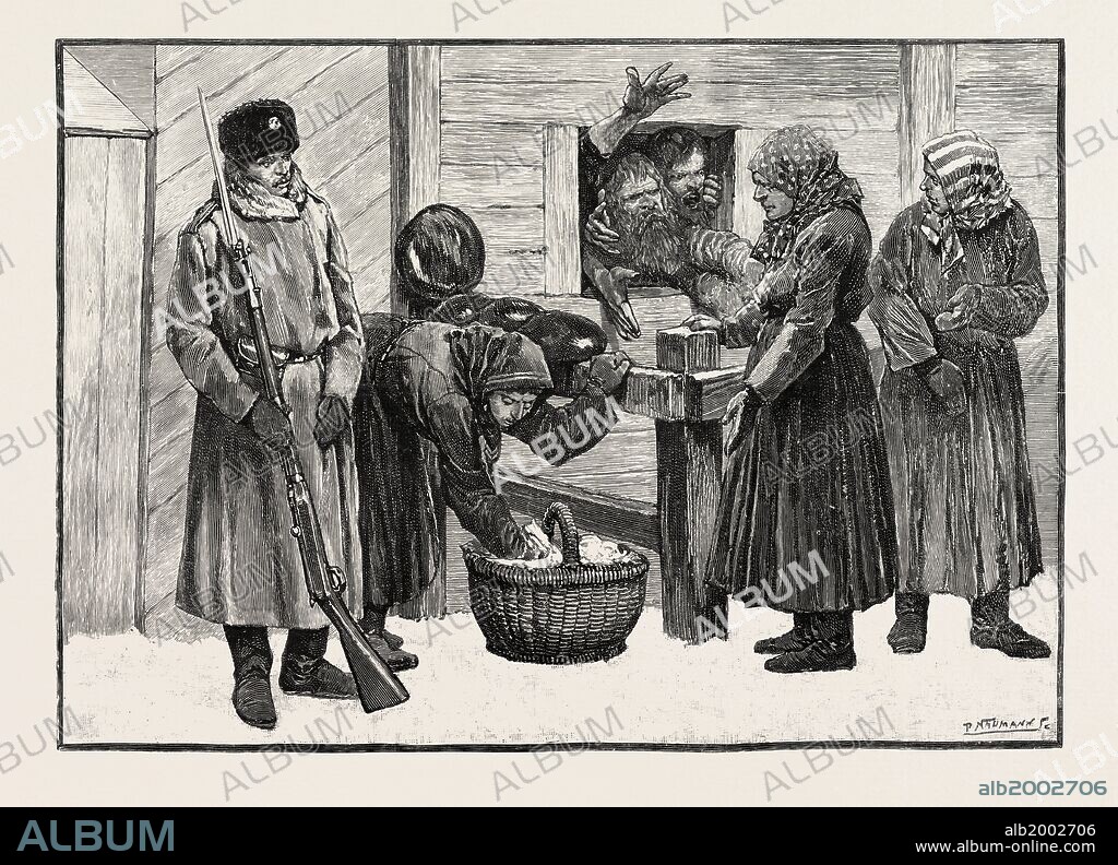 SKETCHES IN SIBERIA, COURTYARD OF THE PRISON FOR CRIMINALS AT KRASNOIARSK: PEASANT WOMEN SELLING BREAD, TEA, AND SUGAR TO PRISONERS.