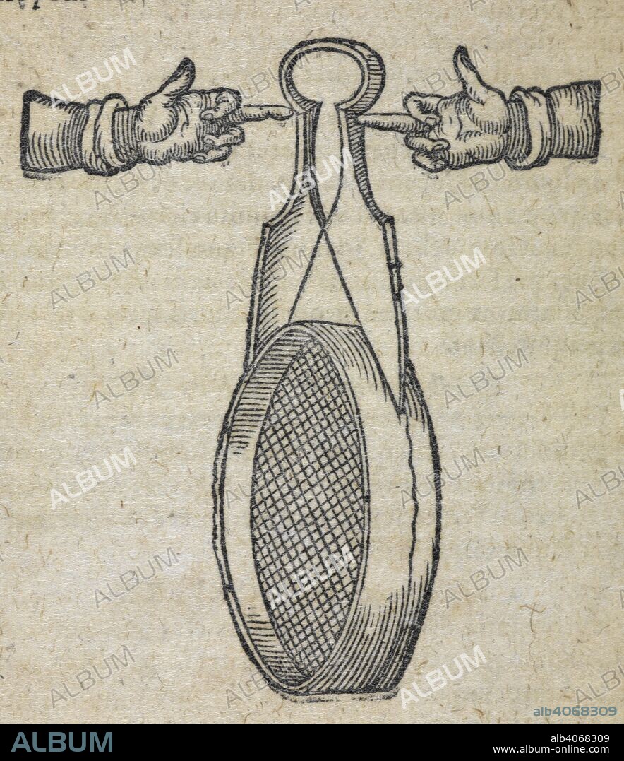 HEINRICH CORNELIUS AGRIPPA VON NETTESHEIM. A sieve like utensil suspended between two fingers. Henrici Cornelii AgrippÃ¦ ... Opera. E. Zetzner ? Strasburg? 1630 ?. Source: 630.c.1.