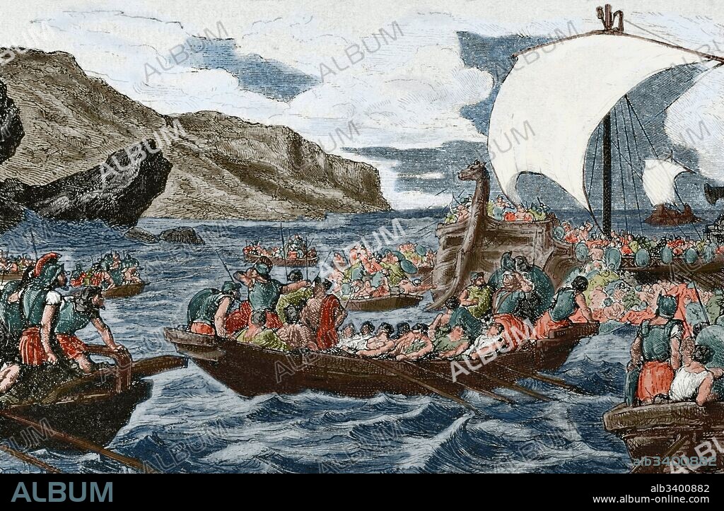 Meliso de Samos (n.470aC.). Filosofo, político, estadista y comandante naval (navarco) griego. Grabado por Ch. Barbant. La Ilustración, 1882. Coloreado.