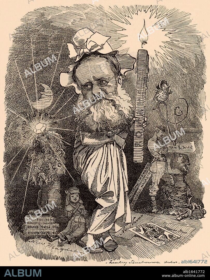 (William) Wilkie Collins (1824-1889) English novelist.  His best works, among which is "The Woman in White" (1860), are in the sub-genre of the Sensation Novel.  Cartoon by Edward Linley Sambourne in the Punch's Fancy Portraits series from "Punch" (London, 14 January 1882).  (Photo by: Universal History Archive/UIG via Getty Images).