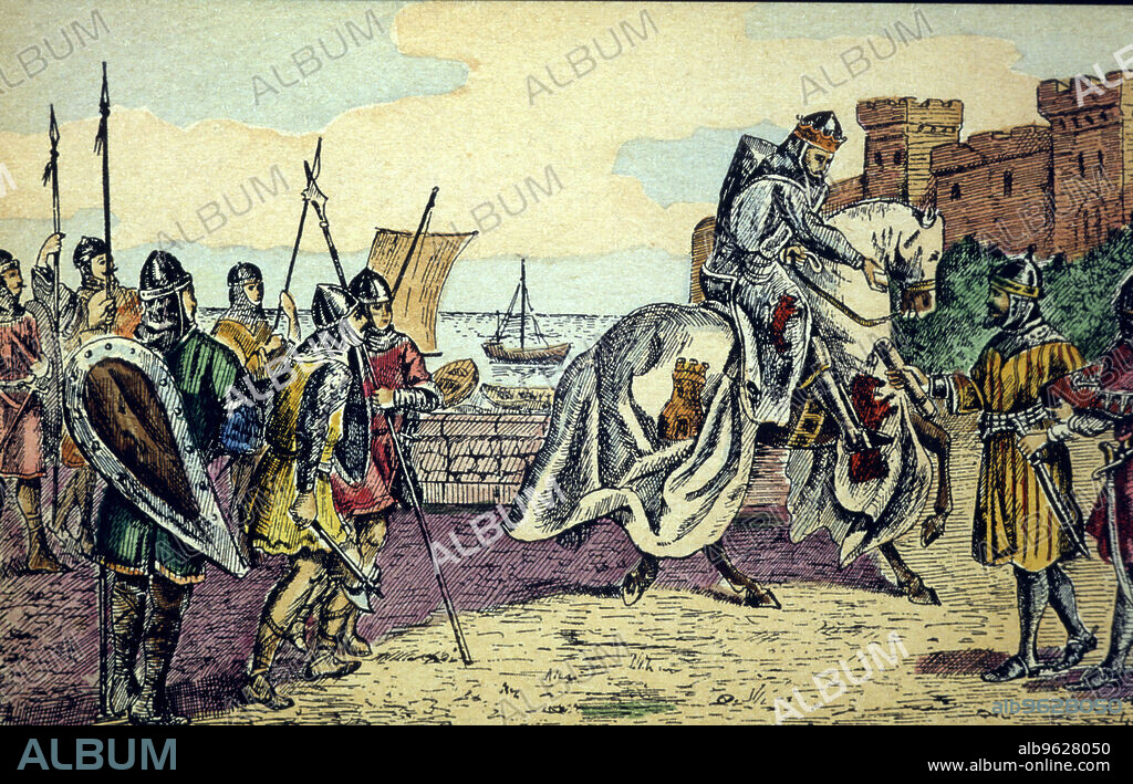 Conquest of Seville by King Ferdinand III 'The Saint' in 1248, colored engraving.
