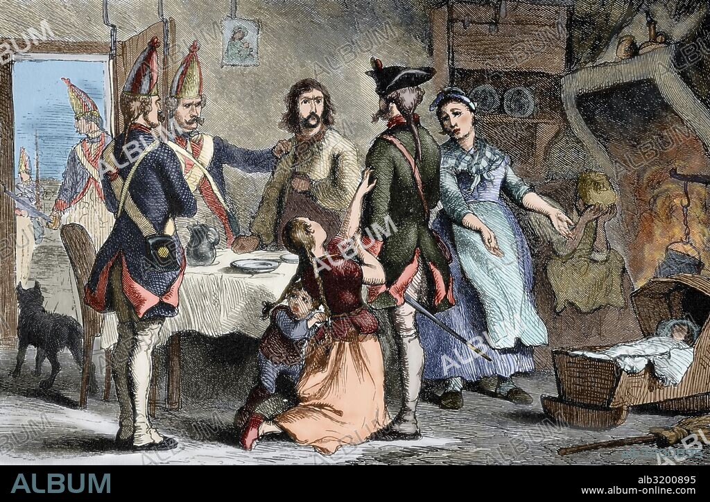 American Revolutionary War (1775-1783). Hessian recruited as a soldier by the British military service while his family begs them not to recruit him. They are most widely associated with combat operations in the American War of Independence. Engraving by Darley. 19th century. Colored.