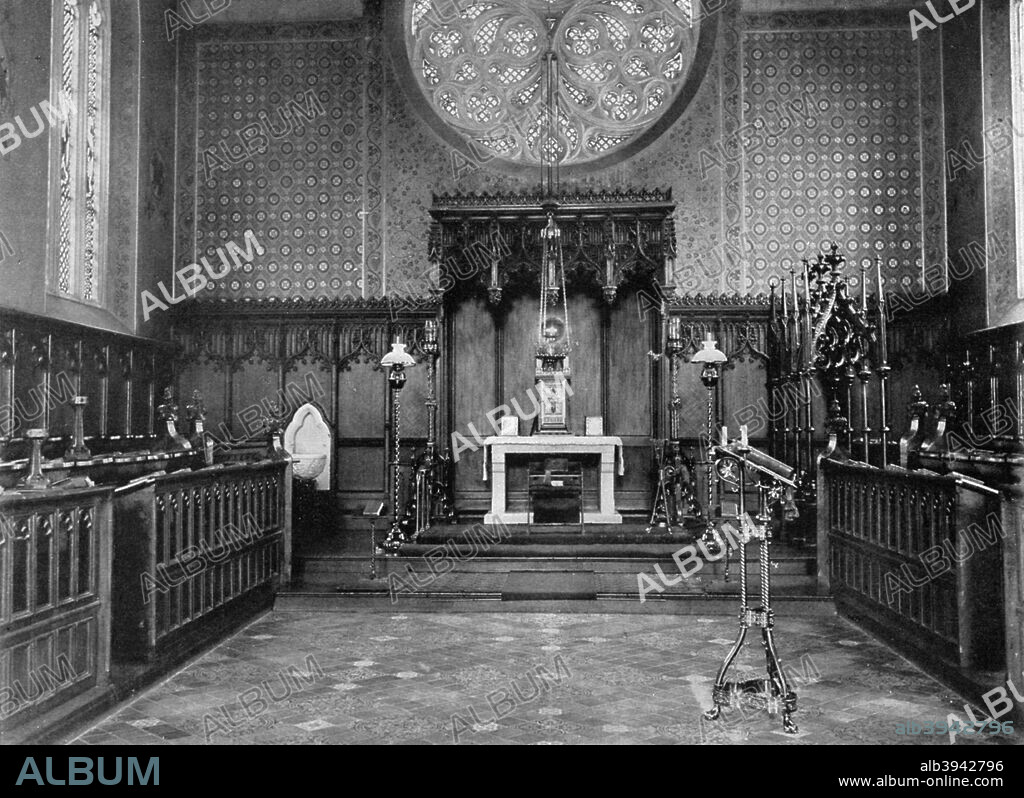 The Chancel, Catholic Apostolic Church, Albury Park, Surrey, 1904. Henry Drummond, the owner of the Albury Park estate, was closely involved in the origin and spread of the Catholic Apostolic Church in the first half of the 19th century. He had this church built in 1839-1840 in Gothic Revival style. A print from Social England, edited by HD Traill and JS Mann, volume VI. (Cassell and Company Limited, London, 1904).
