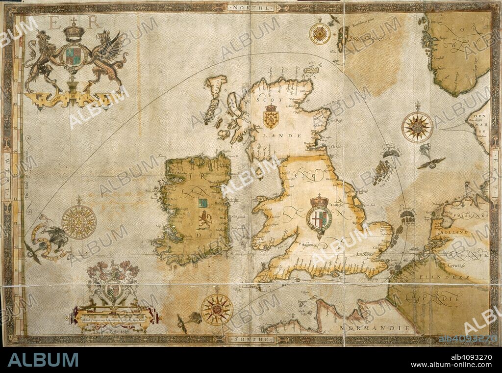 Map of the British Isles. [Map of the British Isles, illustrated by Robert A. London, [1588?]. Map of the British Isles. Bound into the back of Saxton's atlas of England and Wales. Image taken from [Map of the British Isles, illustrated by Robert Adams to accompany Ubuldini's account of the Armada, 1588]. Originally published/produced : [1588?]. Source: Maps.C.3.bb.5, Last folio. Language: English.