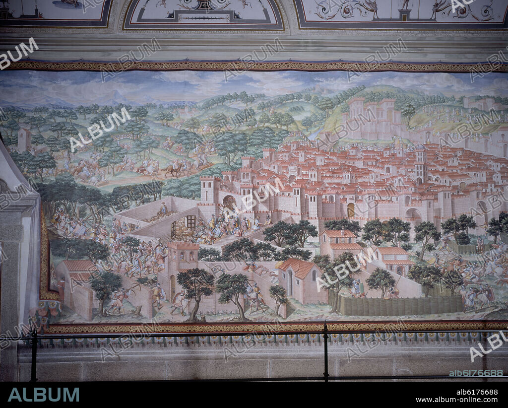 GRANELLO-TAVARON-CASTELLO Y CAMBIASSO. DET- BATALLA DE HIGUERUELA (1431) - SANTA FE DE GRANADA - PINTURA AL FRESCO 1585 - SALA DE BATALLAS - DESPUES DE RESTAURAR.