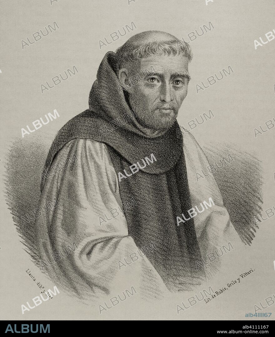Jose de Siguenza (1544-1606). Spanish monk of the Order of Saint Jerome, historian, poet and theologian. Drawing by Santiago Llanta. Portrait. Lithography. Cronica General de Espa–a, Historia Ilustrada y Descriptiva de sus Provincias. Castilla-La Nueva, 1869.