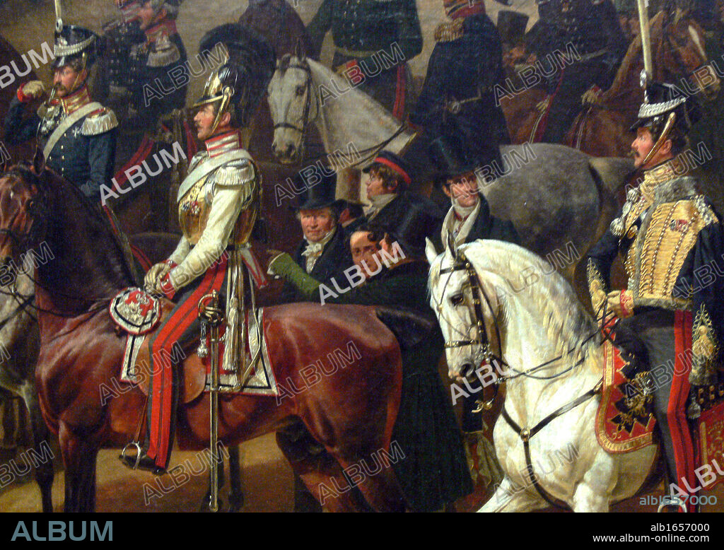 Parade auf dem Opernplatz (Berlin), 1824-1830 Between brown and white horse: Alexander von Humboldt (left), Giacomo Meyerbeer (right), above the white horse,Gaspare Spontini. Nationalgalerie, Staatliche Museen zu Berlin. By Franz Kruger, 1797-1857.
