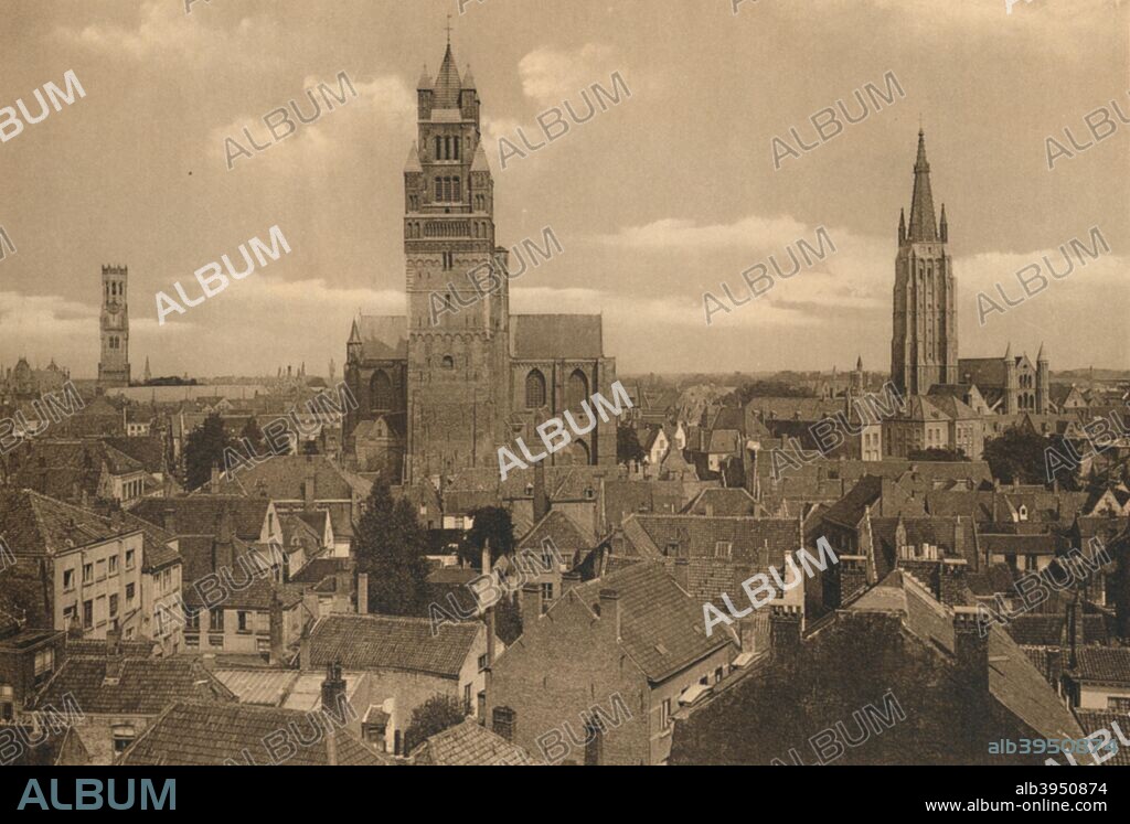 'Les trois Tours (Beffroi, Cathédrale et Eglise Notre-Dame)', c1928. From Bruges. [Ern. THILL, Bruxelles].