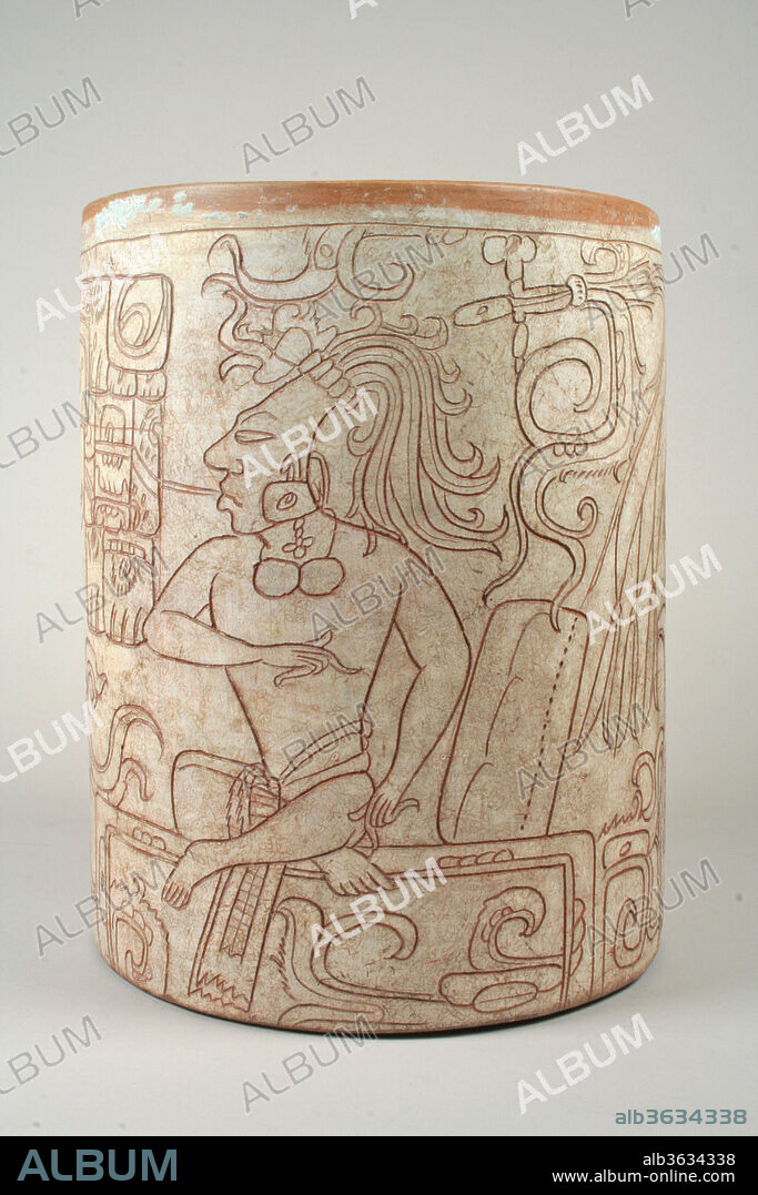 Vessel with Seated Lord. Culture: Maya. Dimensions: H. 9 1/2  x Diam. 7 3/8 in.  (24.1 x 18.8 cm). Date: 7th-8th century.
One of the largest Maya vessels in the Museum, this cup contains an elaborate scene with accompanying text, which reads "<i>yuk'ib baje wa-KAAN TOOK' bakab</i>," or "the drinking cup of Baje(?) Kaan (or Chan) Took', the ruler." The size of the vessel is significant. Other scenes in Maya art that such larger cylinder vessels were placed on the ground as a receptacle for a concoction made of cacao (the plant from which chocolate is derived) poured from a smaller vessel above; the pouring action created the desired froth of the chocolate drink. Presumably, revelers would dip their own cup into the larger vessel to share in the chocolaty celebration.
The text on the Met's chocolate vessel is one of the simplest name tags on a Maya vessel, formed by just a possessed noun and an individual's name, with the implied intransitive "it is." It is possible that the ruler Kaan Took' is seated immediately to the right of the text, his elbow actually overlapping the final syllabic sign, the impersonal royal title. In fact, one gets a sense that the artist meant for the text to appear floating, midair, in front of the person; the elbow passes over the text, but the figure seems to be smoking a cigar, with the smoke passing under the hieroglyphs of his personal name and emerging under the <i>yuk'ib</i> ("his/her drinking cup") glyph block. Although short and sweet, the text here is a dynamic example of the complex interplay between Maya text and image, and how scribes and artists conceived of the vitality and immediacy of hieroglyphic texts vis-à-vis their subjects.
This figure is perched atop a throne that has a cushion for reclining. He wears a woven loincloth, a necklace perhaps composed of the two joined halves of a bivalve shell, and ear flares similar to other Metropolitan Museum objects, such as 1989.314.15a,b. His forehead slopes back, indicative of cranial deformation, and his cascading curly locks are held back by a specific royal headband made of jadeite beads--a distinctive item worn by Maya kings and queens. A large headdress element shoots out from the rear of the figure's head, and the vivid incisions of the artist capture the movement of the long tail feathers of the quetzal bird (<i>Pharomachrus mocinno</i>).
The rest of the scene does not show a royal court, as commonly portrayed on other Maya vessels. Instead, a large, toothless deity head sprouting watery vegetation accompanies the ruler. The supernatural's image perhaps tells the viewer of the scene that it takes place in a certain location or during a certain event, the details of which are lost on modern observers. One fascinating detail of the deity head is the upside-down, human-like profile that sprouts up from the rear--most likely representing the head of the Maya maize god as an ear of corn. The theme of the disembodied head of the maize god being reborn from sprouting vegetation is common among Maya vessels. Thus the artist of the Metropolitan Museum's vessel connects the ruler pictured here with agricultural fertility and the mythic cycle of maize, the main staple crop of the ancient Americas. The themes of bountiful food incised on the outside of the vessel inform its function as a container of chocolate crucial for royal feasts.
Although the text marks the owner of the cup as a bakab noble, it does not specify from which polity the ruler hails, but a similar name appears on one of the inscribed mud bricks from the acropolis of the site of Comalcalco, Tabasco, Mexico. The hypothesis that this particular vessel comes from the Tabasco region gains support from archaeological evidence published in the mid-twentieth century by Heinrich Berlin, incidentally one of the early figures in the decipherment of Maya hieroglyphic writing. Berlin published a drawing of a pottery type from the site of Jonuta, Tabasco, that he called thin-walled cylinders, with a "white slip through which geometric and/or human figures are incised."
The vessel at the Met shares formal and technical characteristics from this class of objects identified by Berlin from the late eighth century A.D. Here the artist or owner of the pot seems to have added a thin layer of blue-painted stucco around the rim as a final ornamentation. There are several similar vessels in museum and private collections, including one at the Dallas Museum of Art, many of which have been documented by Justin Kerr's Maya Vase Database project.
The Met's vase was first published in 1961 in Europe and identified as a "large Maya clay pot with incised drawing" ("Großes Tongefäß mit eingeritzter Zeichnung") from the Yucatan peninsula, and in 1964 was described as being located in a private collection in Switzerland. In fact, the ruler pictured on the vessel served as the cover model for the 1964 publication.
James Doyle.