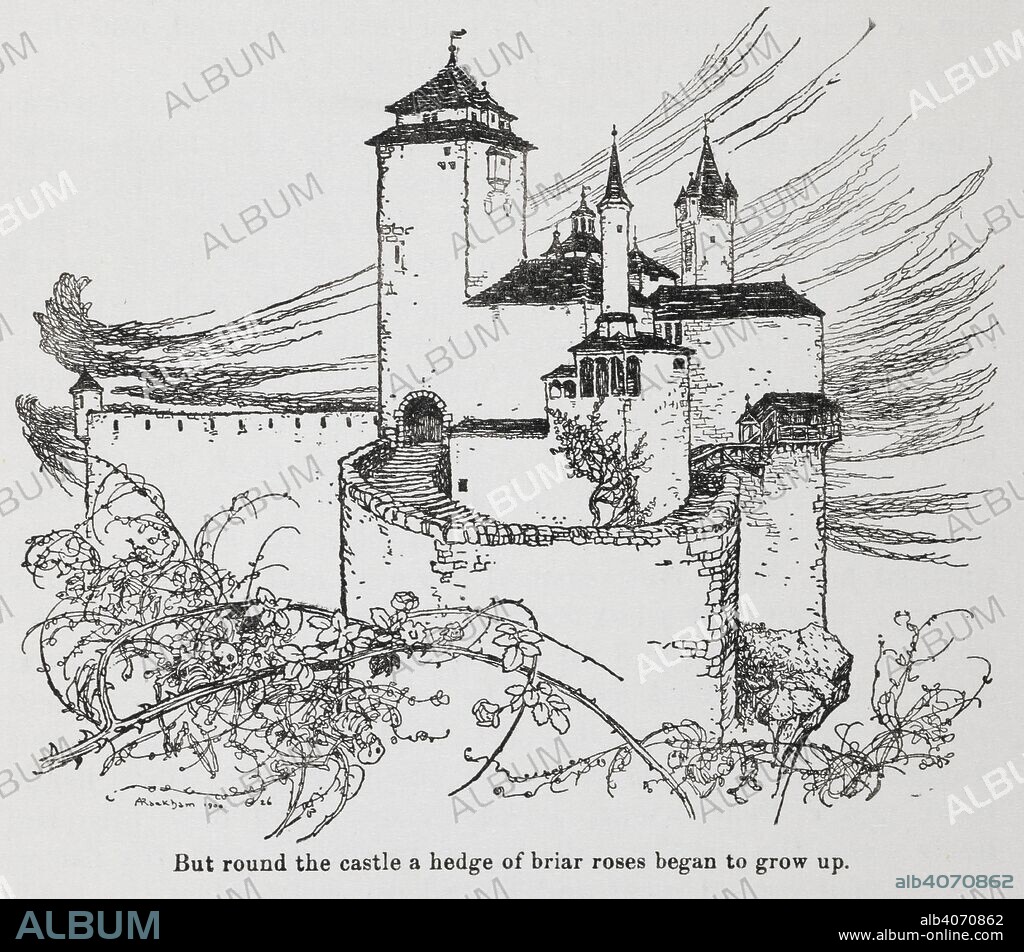 ARTHUR RACKHAM y JACOB Y WILHELM GRIMM. The castle surrounded by thorns from Briar Rose (Sleeping Beauty). Grimm's Fairy Tales. Illustrated by Arthur Rackham. London : William Heinemann, [1925]. 'But round the castle a hedge of briar roses began to grow'. Source: 12410.r.7. page 35.