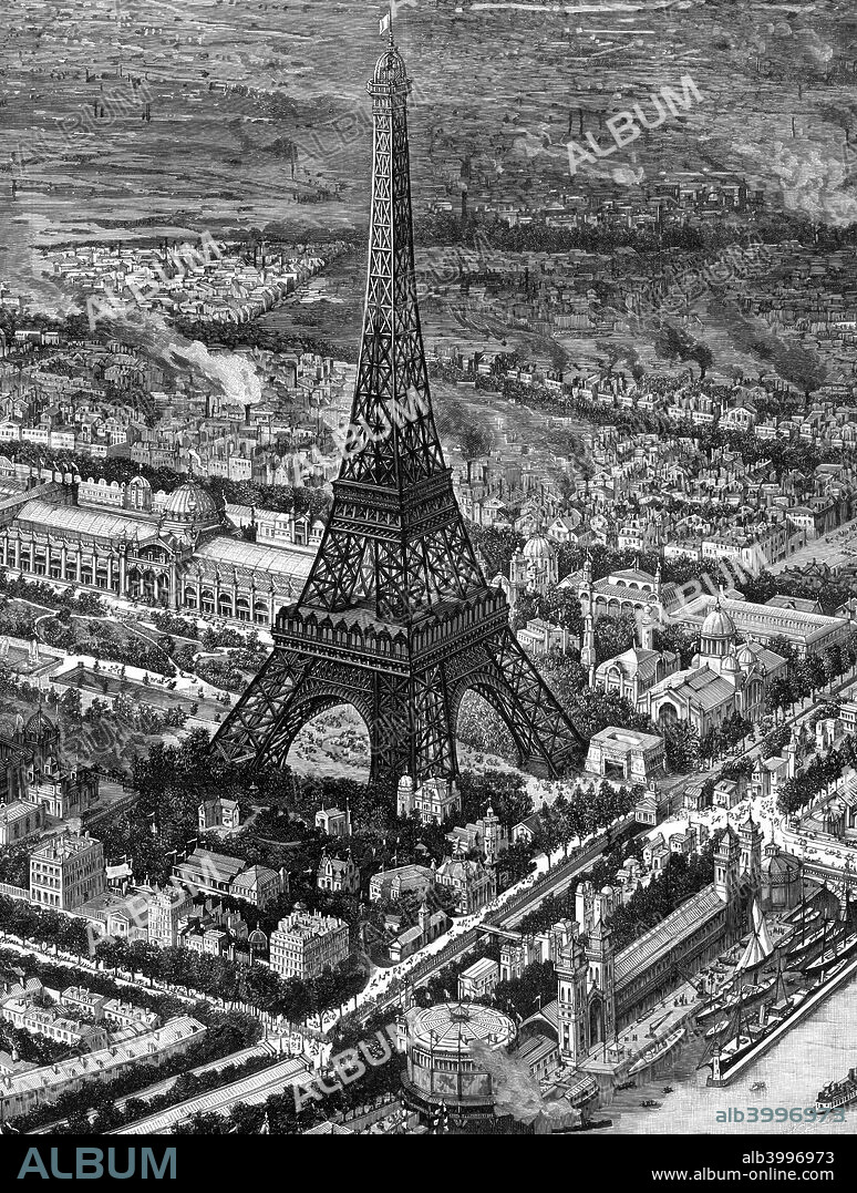Bird's-eye view of the Eiffel Tower at the time of the opening of the Paris Exposition of 1889. Designed by the French civil engineer Gustave Eiffel (1832-1923), the Eiffel Tower was built for the International Exhibition staged in Paris in 1889 to commemorate the centenary of the French Revolution. Constructed from iron, it was the tallest building in the world until 1930.