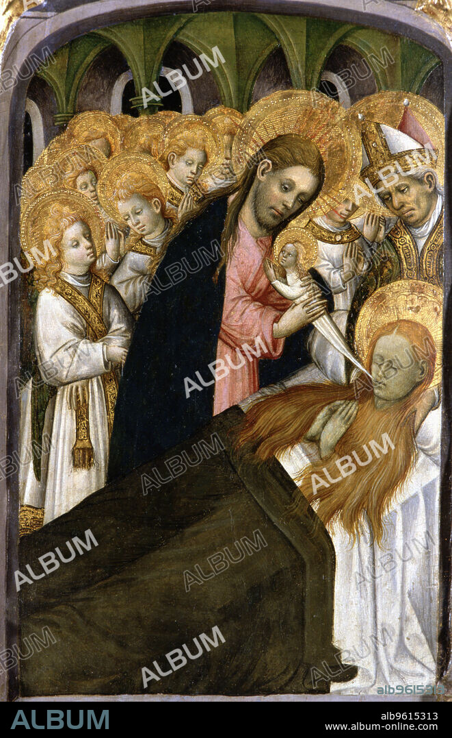 'Death of Santa Maria Magdalena', detail of the altarpiece, colored painting in tempera on wood, representing various scenes of the life of Mary Magdalene, from the church of Santa Maria Magdalena de Perella, in Sant Joan de les Abadesses.