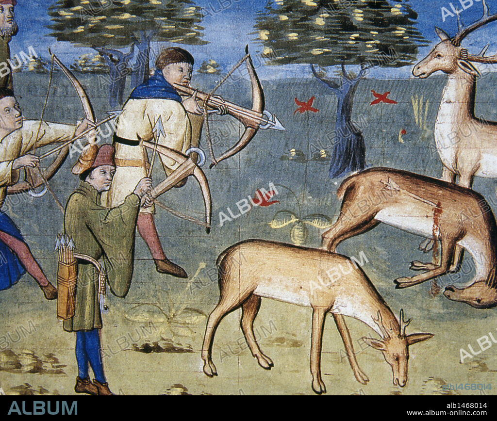 "ESCENA DE CAZA CON ARCOS Y BALLESTAS". Miniatura del "Libro de la Caza" escrito por Gastón Febo (1331-1391) conde de Foix y señor de Bearne. Escrito entre 1387-1388 y dedicado a Felipe el Atrevido, duque de Borgoña. Manuscrito miniado del siglo XV. Museo Conde. Castillo de Chantilly. Francia.