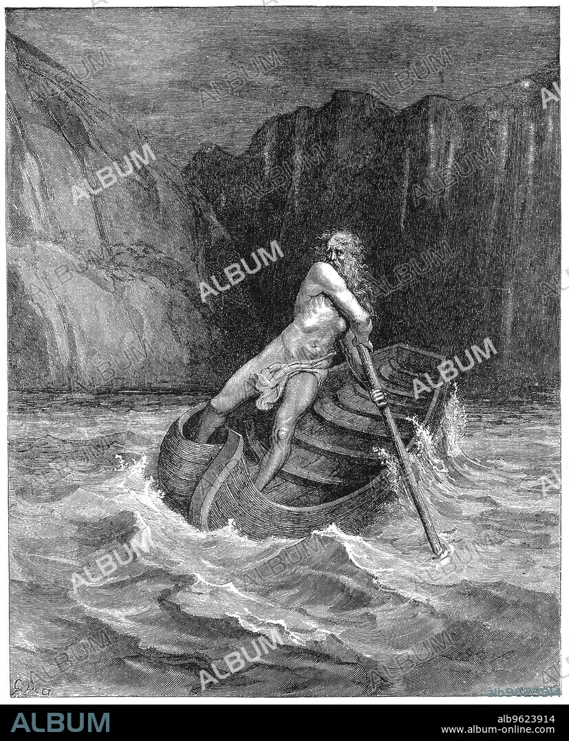GUSTAVE DORÉ. Charon the ferryman rowing to collect Dante and his guide, Virgil, to carry them across the Styx, 1861. Italian poet Dante Alighieri (1265-1321) was a great admirer of Virgil, and in his Divina Commedia (Divine Comedy), Virgil accompanies Dante through Purgatory and Inferno. From Inferno, first part of Divina Commedia (Divine Comedy), Canto III.