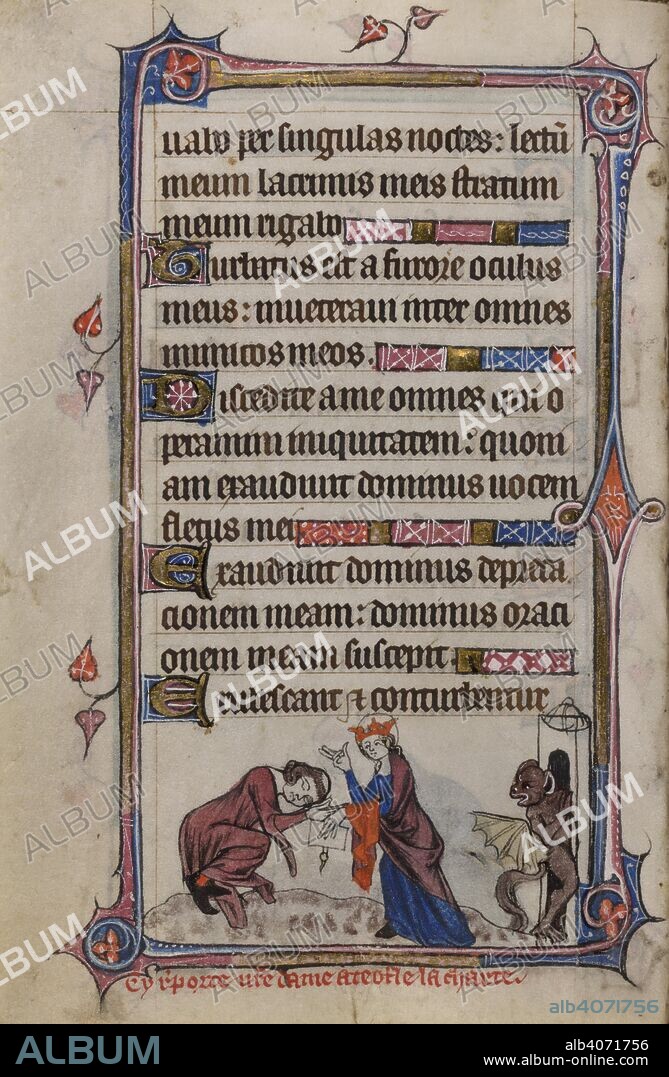 Bas-de-page scene of the Virgin Mary returning the charter to Theophilus, who bows before her in gratitude while the devil flees through a nearby gate, with a caption reading, â€˜Cy r[e]porte n[ost]re dame a teofle la chartreâ€™ . Book of Hours, Use of Sarum ('The Taymouth Hours'). England, S. E.? (London?); 2nd quarter of the 14th century. Source: Yates Thompson 13, f.160v. Language: Latin and French.