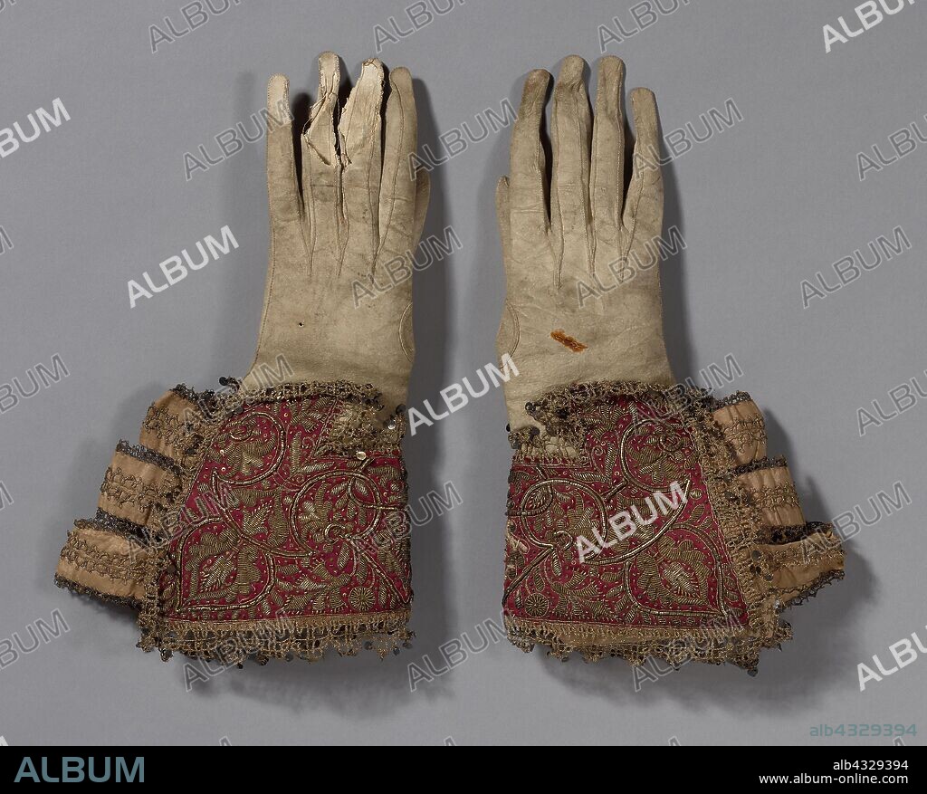 Pair of Men’s Gloves, 1600/50, England, Gloves: leather, Gauntlets: silk, satin weave, embroidered with linen, gilt-metal-coiled wire and strips, and gilt-metal-strip-wrapped silk in couching and padded couching, ribbons of silk, plain weave, edged with gilt-metal-strip-wrapped silk, bobbin straight lace, metal spangles, a: 35.5 × 19.2 cm (14 × 7 1/2 in.).