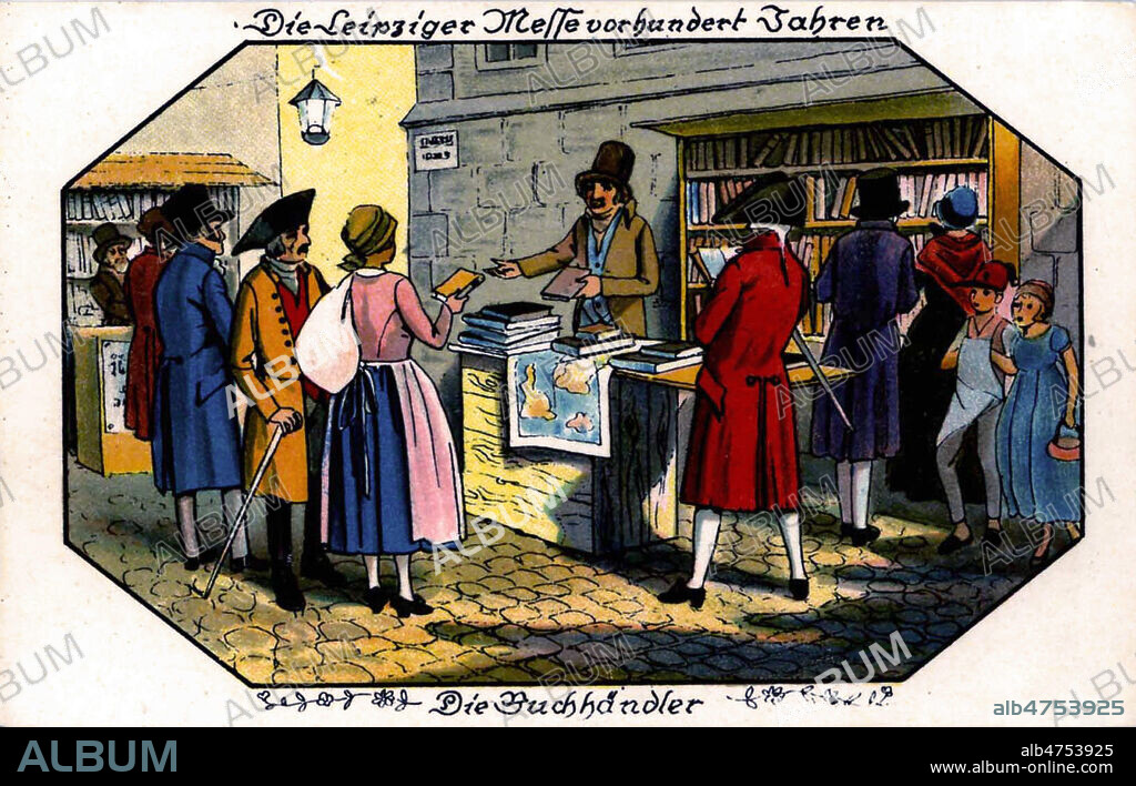 'La foire de Leipzig, il y a cent ans'. Marchand de livre a Leipzig (Allemagne au 18eme). Illustration anonyme vers 1910 pour une carte postale.Credit : Coll. Jewish Memories / Kharbine-Tapabor.