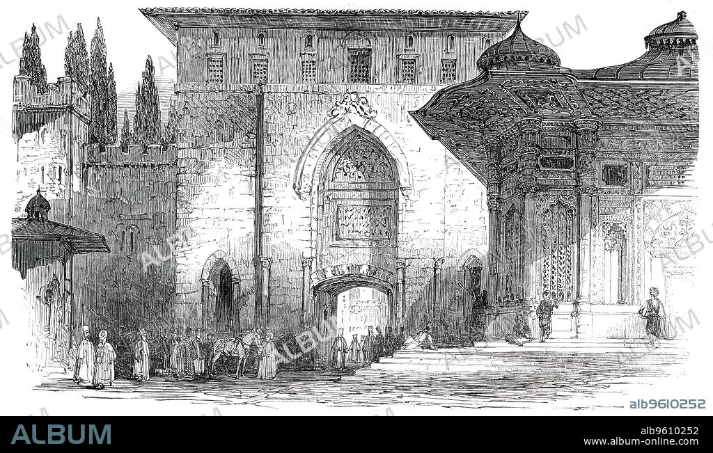 Panorama of Constantinople and the Dardanelles - the Sublime Porte, 1850. Gate to the Imperial Palace and Fountain of Ahmed III. Section of a 'Panorama, exhibited at 309, Regent-street [in London]...The principal entrance to the palace of the Sultan [is] a solemn, serious, nearly unadorned stone gateway, with semi-columns in the jambs, and crowned by a pointed arch...the rich, yet soft, grey stone colour of the whole is well calculated to give effect to the highly-decorated fountain in front, with its immensely projecting roof...The various figures attendant at the palace, and others seeking water at the fountain, by their varied and picturesque costume, assimilate buildings in such striking contrast. Even in the present multiplicity of panoramas, Mr. Allom's must be estimated as a very attractive addition'. From "Illustrated London News", 1850.