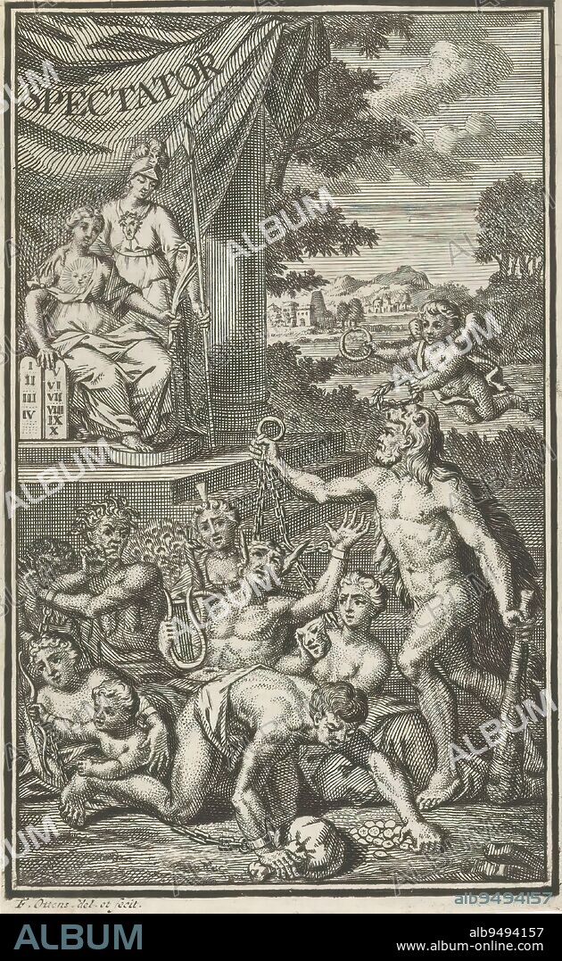 Allegorical representation with Faith and Hercules with chained figures, Spectator (title on object), Title page for: Joseph Addison and Richard Steele, The Spectator, or Risen Socrates, s.a., Faith with a sun on her breast sits with the stone tablets and a palm branch. Next to her stands Minerva. In front of them stands Hercules with lion skin and club. He shows the two women a group of chained figures including Venus and Amor, Midas with donkey ears (Greed), a woman with peacock (possibly Pride) and Medusa (Envy). A putto holding the serpent Ourobouros lauds Hercules., print maker: Frederik Ottens, (mentioned on object), after own design by: Frederik Ottens, (mentioned on object), publisher: Hermanus Uytwerf, (possibly), 1720 - 1727, paper, etching, engraving, height 133 mm × width 81 mm.