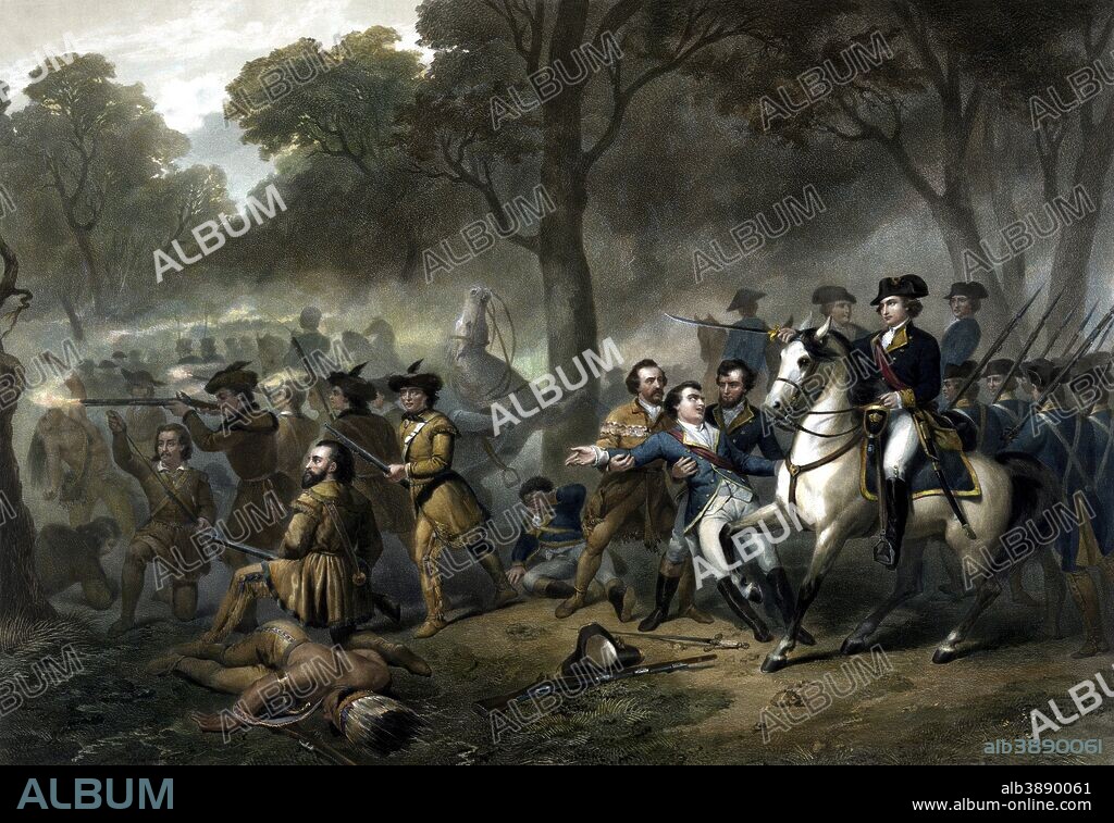Vintage print of George Washington on horseback leading troops at the Battle of the Monongahela.