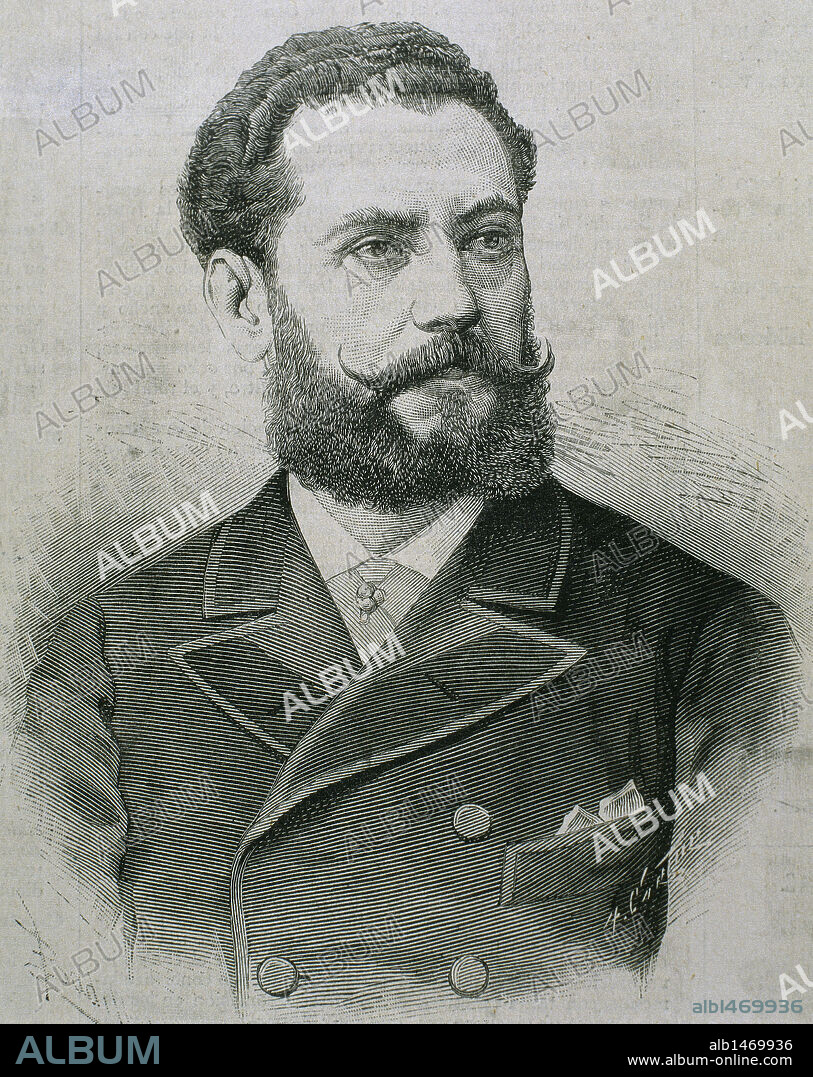 ORDOÑEZ GONZALEZ, Ezequiel (1845-1918). Político, abogado y literato español. Fue redactor político del "Boletín Diplomático", publicación consagrada a la idea salvadora de la restauración de la monarquía. Ministro de la Gobernación y Director General de Beneficencia y Sanidad. Grabado por Carretero.