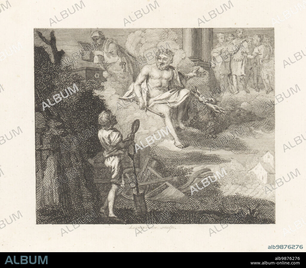 The Countryman and Jupiter. A tired peasant leans on a shovel and complains to the Greek god Jove about his situation. Jove shows him visions of a miser and corrupt minister. Copperplate engraving by Lovegrove after an illustration by Hubert Francois Bourguignon Gravelot from Fables by John Gay, with a Life of the Author, John Stockdale, London, 1793.