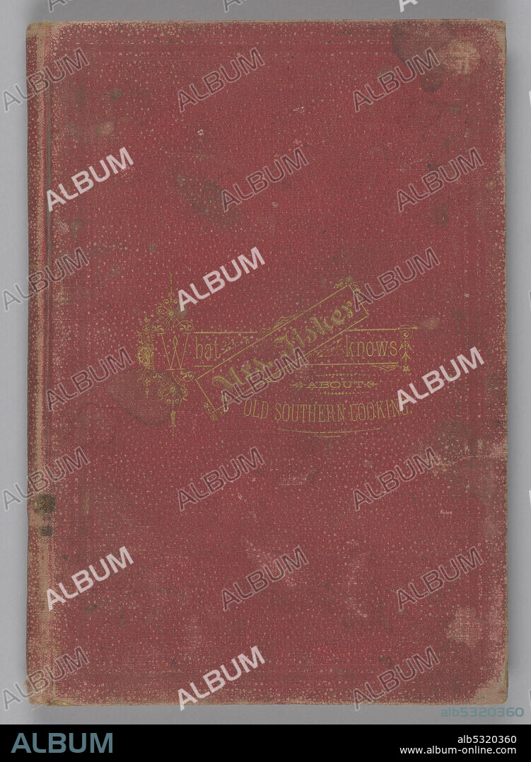 This is a small hardcopy book with a red cloth cover. On the front in gilt letters are the words [What / Mrs. Fisher / Knows / About / Old Southern Cooking]. The words "What" and "Know" are surrounded by a rectangular gilt outline. Set at an angle across this rectangle is a second gilt rectangle enclosing the words "Mrs. Fisher." There are abstract floral, wheel, and spindle shaped designs in gilt at both ends of the two rectangles. The cover is textured with small bumps. There are numerous stains scattered across the cover. On the title page is an archival repair to the bottom of the title-page, with a few words provided in facsimile. On the first blank page is a handwritten inscription.