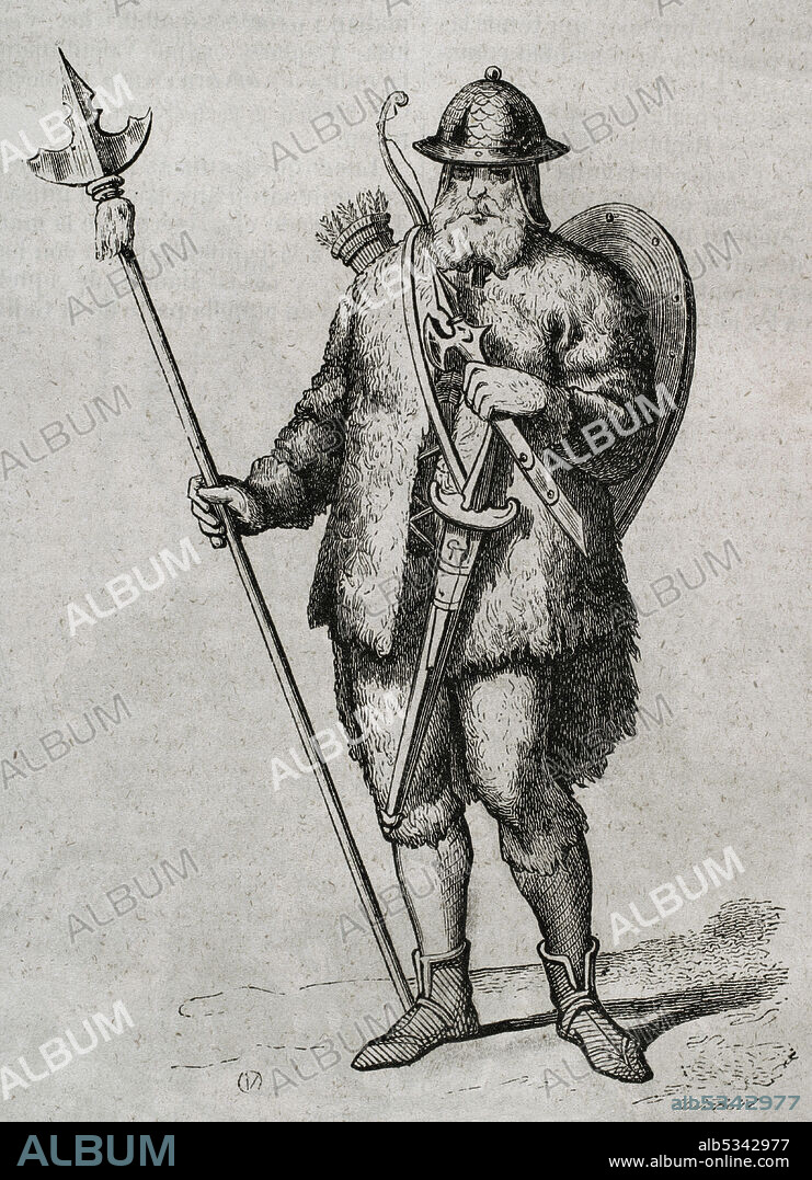 CODERCH. SPANISH ARTIST,19TH CENTURY. Historia de Europa. Soldado de los primitivos godos. Grabado por Coderch. Historia General de España por el padre Mariana. Madrid, 1852.