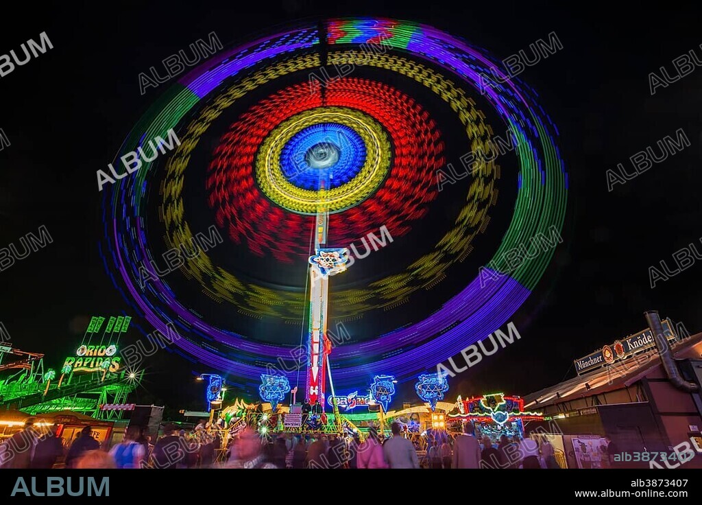 Cyber Space ride at night, Oktoberfest, Theresienwiese, Munich, Oberbayern, Germany, Europe.