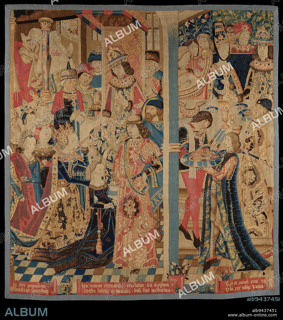 Esther and Ahasuerus, c. 1460-1485, 134 3/4 x 128 in. (342.27 x 325.12 cm) (irregular), Wool, silk; tapestry weave, Flanders, 15th century, This tapestry depicts several scenes from the Old Testament story of Esther. A beautiful young Jewish woman, Esther, was the queen of King Ahasuerus of Persia. When the kings chief advisor, Haman, ordered all the Jews in Persia killed, Esther appealed to the king. At the left, Ahasuerus receives Esther and agrees to attend a banquet she has prepared. At the banquet (right), Esther asks Ahasuerus, who had not known she was Jewish, to spare her people. He grants her request, and Haman is later put to death.