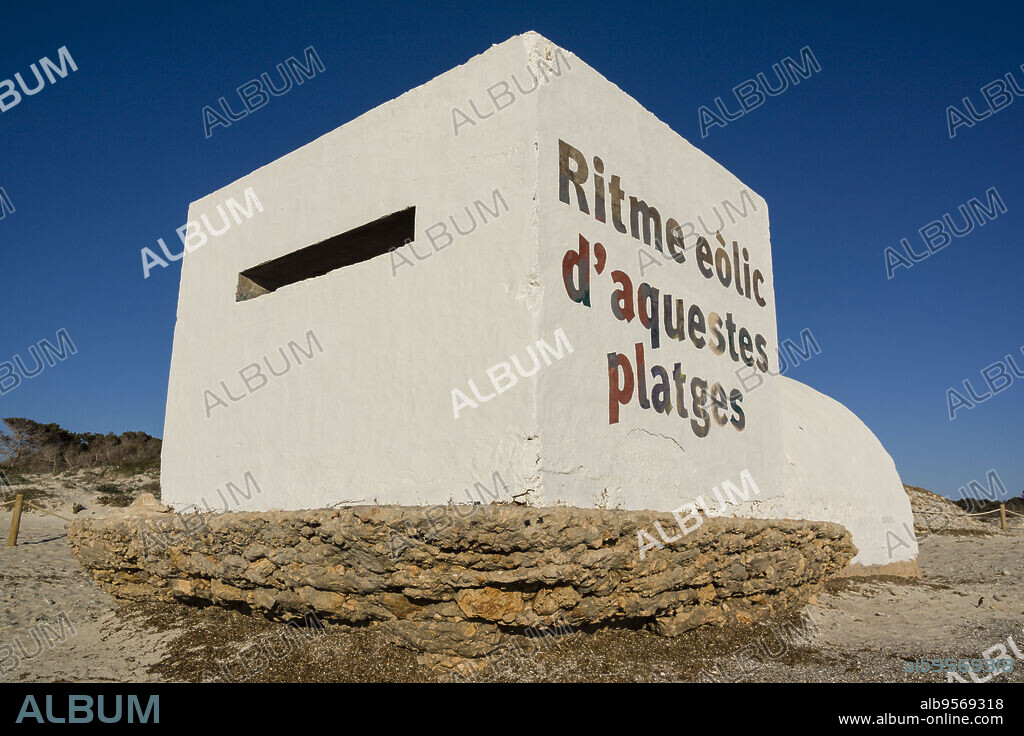 Intervention of Boamistura, Spanish civil war bunker, Es Trenc beach, Mallorca, Baleares, Spain.