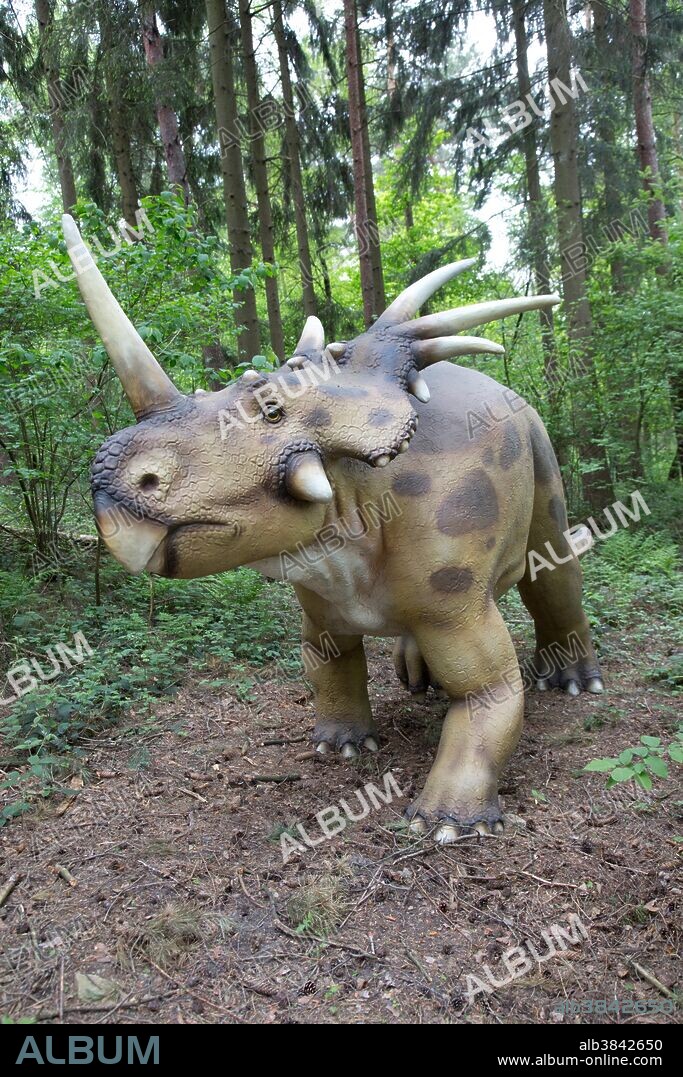 Styracosaurus, an herbivorous ceratopsian dinosaur from the Cretaceous Period, in Dinosaurier Park, Germany.