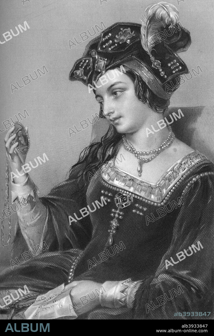 Anne Boleyn (1507-1536), the second wife of King Henry VIII, 1851. From Biographical Sketches of the Queens of Great Britain, from the Norman Conquest to the Reign of Victoria, or Royal Book of Beauty, edited by Mary Howitt, Henry G Bohn, London, 1851.