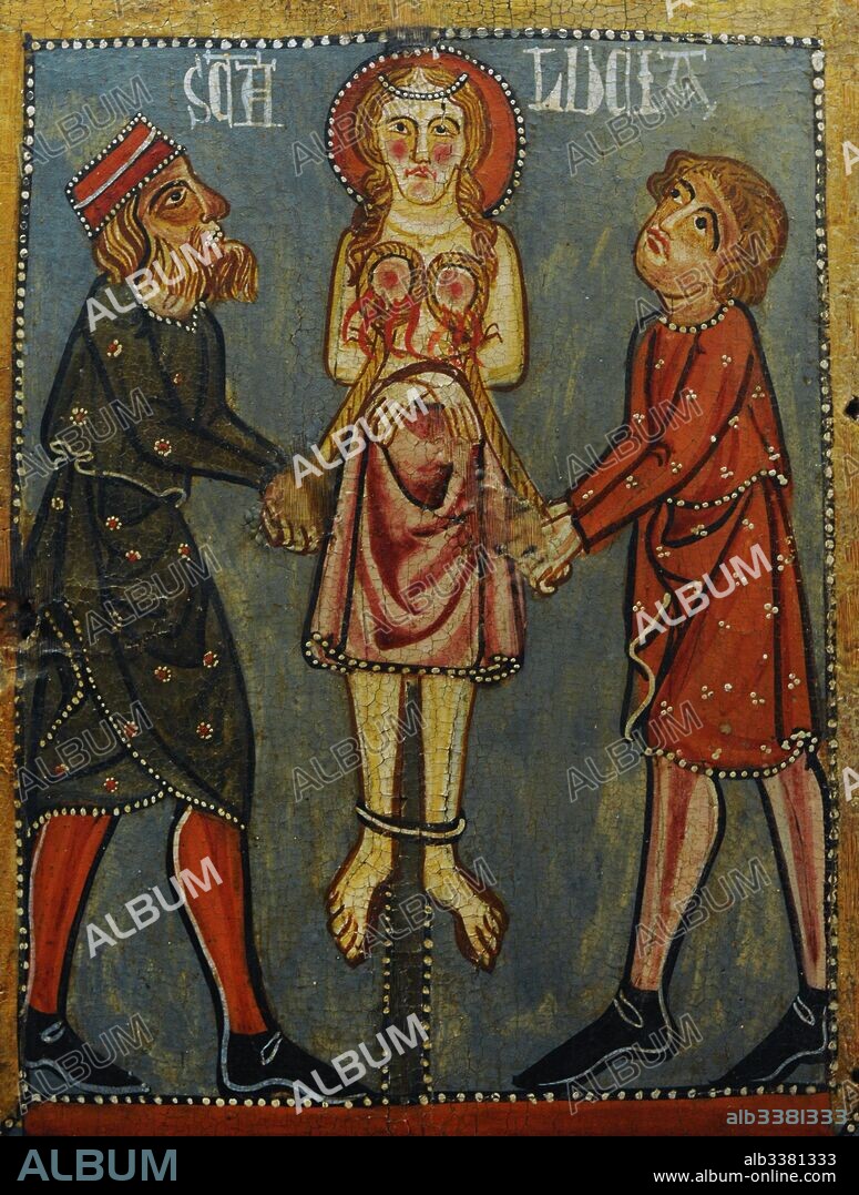 Anonymous. Catalonia. Panels with scenes of the Martyrdom of Saint Lucy, ca.1300. Detail depicting two men pulling breasts of the saint. From the Parish Church of Santa Llucia de Mur (Guardiola de Noguera, Catalonia). National Art Museum of Catalonia. Barcelona. Catalonia. Spain.