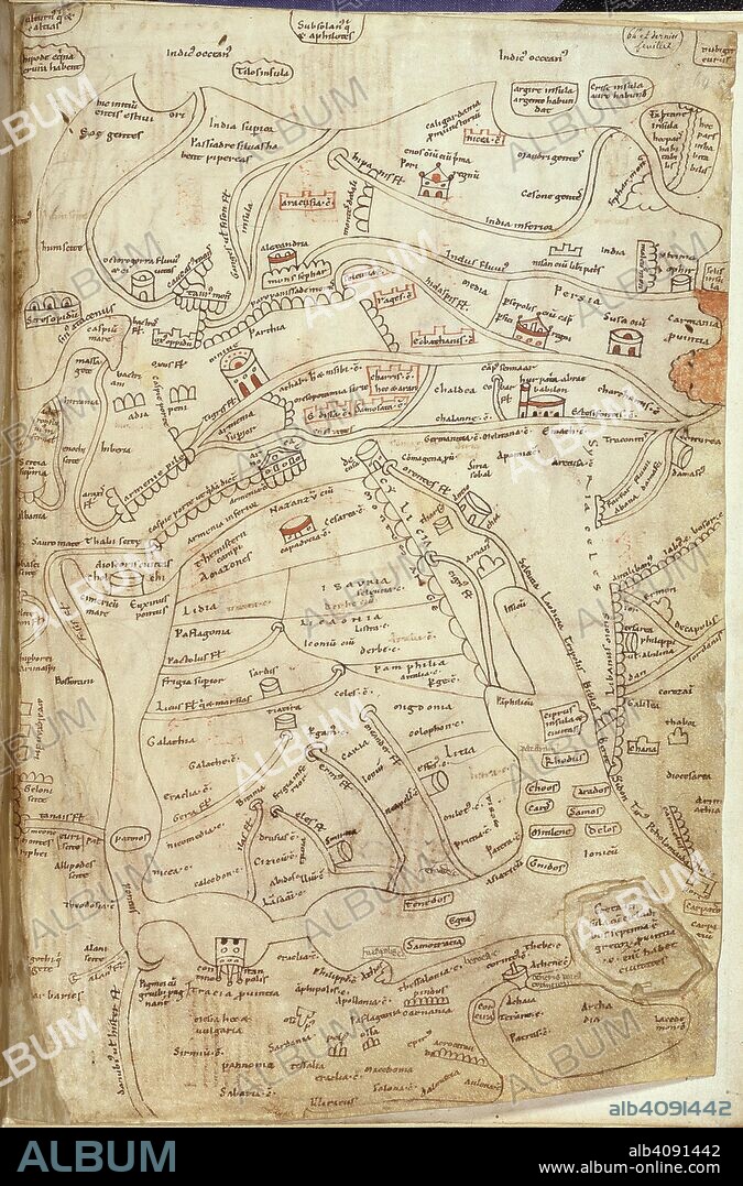 Jerome map of Asia. Works of St Jerome. France?; 12th century. (Whole folio) Map of Greece, Asia Minor, Syria, Persia and India. At the top of the map are India and the Indian Ocean with Alexandria and Damascus in the centre.The lower part of the map shows the Black Sea, Greece and Aegean Sea, and Eastern Mediterranean. Rows of semicircles represent mountains  Image taken from Works of St Jerome.  Originally published/produced in France?; 12th century. . Source: Add. 10049, f.64. Language: Latin.