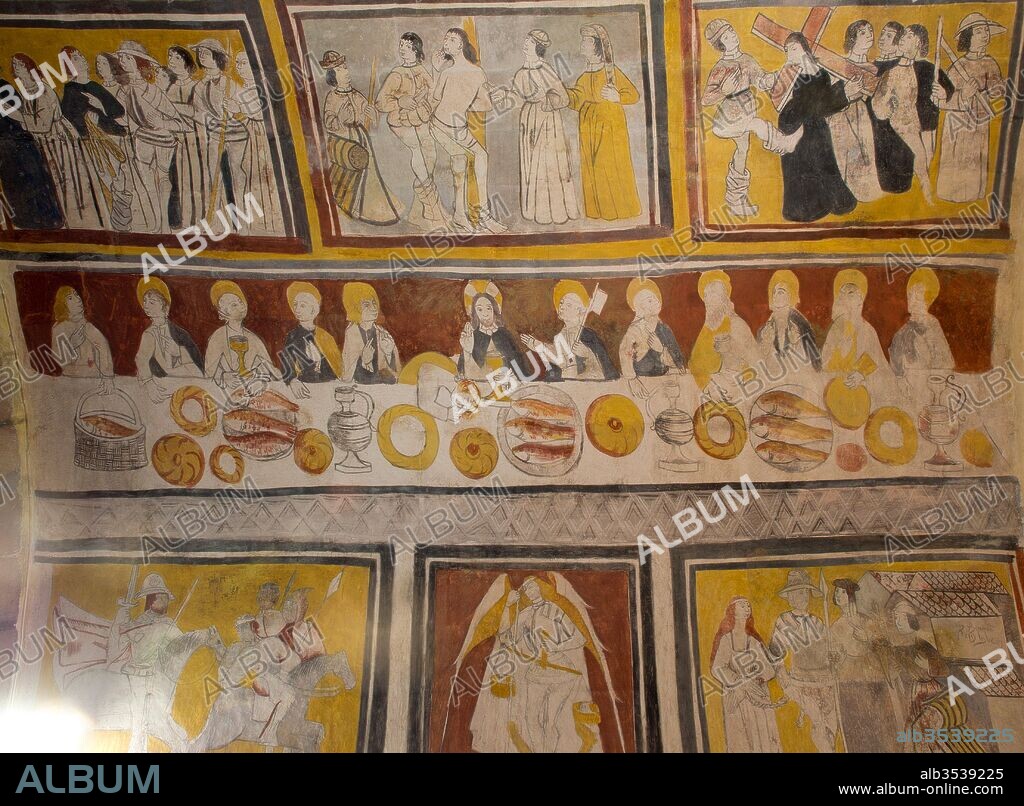 Frescos de la bóveda del presbiterio (muro del evangelio), de la iglesia de Santa Eulalia, Siglo XV, Valdeolea, Cantabria, España.