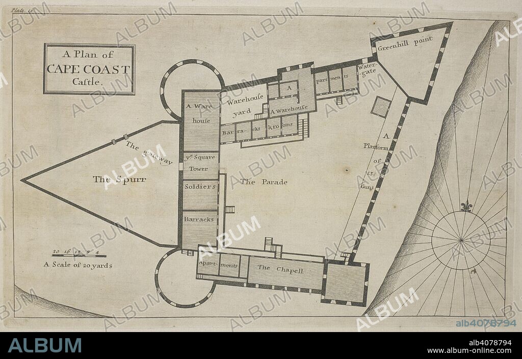 A plan of cape coast castle.  Cape Coast Castle is one of about forty "slave castles", or large commercial forts, built on the Gold Coast of West Africa by European traders. Thirty different Drafts of Guinea by William Smith, Surveyor to ye Royal African Company of England. London : J. Clark, [1740]. Source: 118.d.21 plate 19.