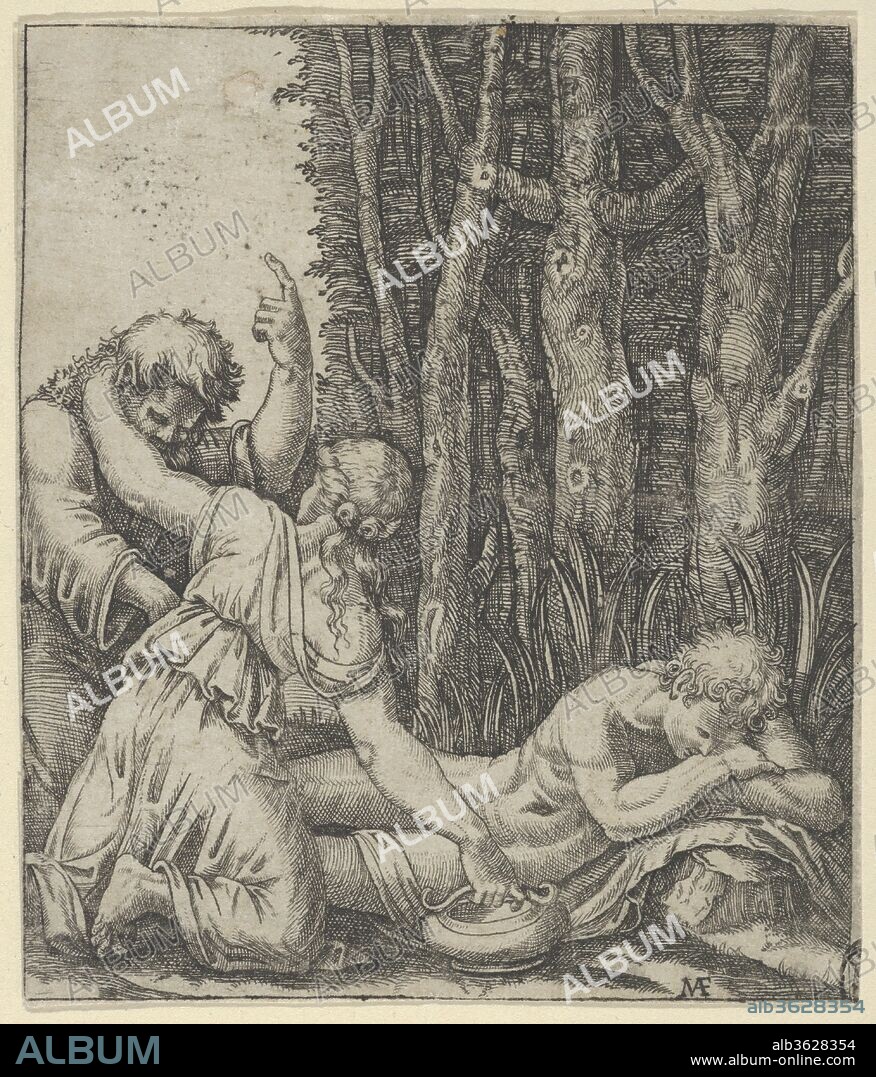 Man sleeping at the edge of a wood with a woman knealing at his side with one hand on a pot and the other on the shoulder of an old man who gestures with left hand towards the sky. Artist: Marcantonio Raimondi (Italian, Argini (?) ca. 1480-before 1534 Bologna (?)); After (?) Francesco Francia (Italian, Bologna ca. 1447-1517 Bologna). Dimensions: Sheet: 3 3/4 × 3 1/8 in. (9.5 × 8 cm). Date: ca. 1500-1534.