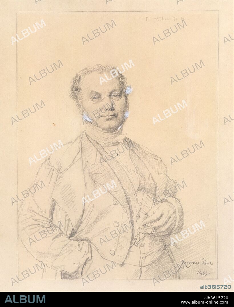Dr. François Mêlier. Artist: Jean Auguste Dominique Ingres (French, Montauban 1780-1867 Paris). Dimensions: 12 11/16 x 9 3/4 in.  (32.2 x 25 cm). Date: 1849.
The physician François Mêlier, an eminent figure in the field of public health in the mid-nineteenth century, posed for this masterful portrait. In all likelihood commissioned by Mêlier's family, the drawing was in the collection of his daughter Blanche at the time of Ingres's retrospective exhibition in 1867. The white highlights are probably Ingres's corrections.  As the paper darkened over time, they became more prominent.