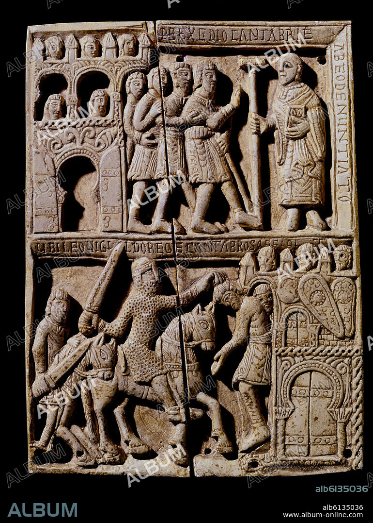 ARQUETA DE MARFIL DE SAN MILLAN DE LA COGOLLA- TOMA DE CANTABRIA POR LEOVIGILDO - SIGLO XI - ROMANICO ESPAÑOL.