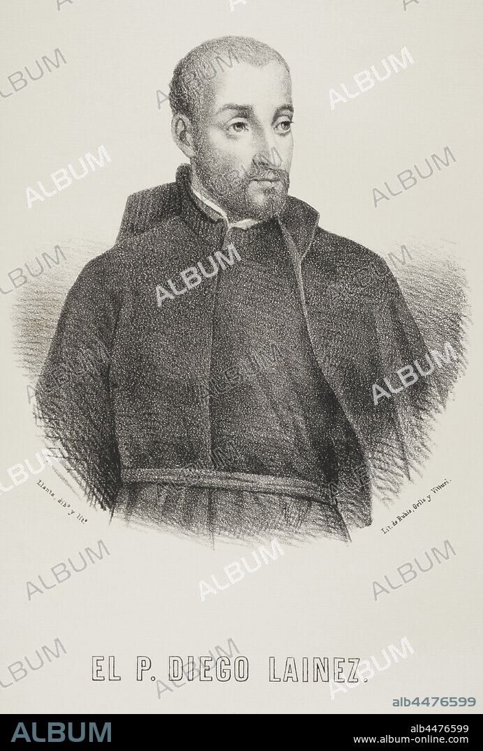 Diego Lainez o Laynez (1512-1565). Segundo General de la Compañía de Jesús. Dibujo por Llanta. Litografía. Crónica General de España, Historia Ilustrada y Descriptiva de sus Provincias. Tomo Asturias y León, 1867. Biblioteca Histórico Militar de Barcelona, Cataluña, España.