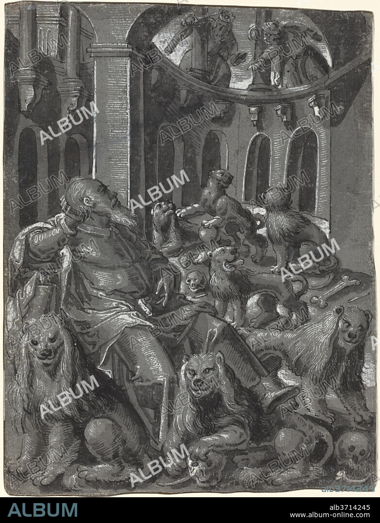 GERMAN 16TH CENTURY. Daniel in the Lions' Den [recto]. Dated: c. 1600. Dimensions: overall: 21.3 x 16 cm (8 3/8 x 6 5/16 in.). Medium: pen and black ink with brush and gray ink and graywash heightened with white on gray prepared paper.