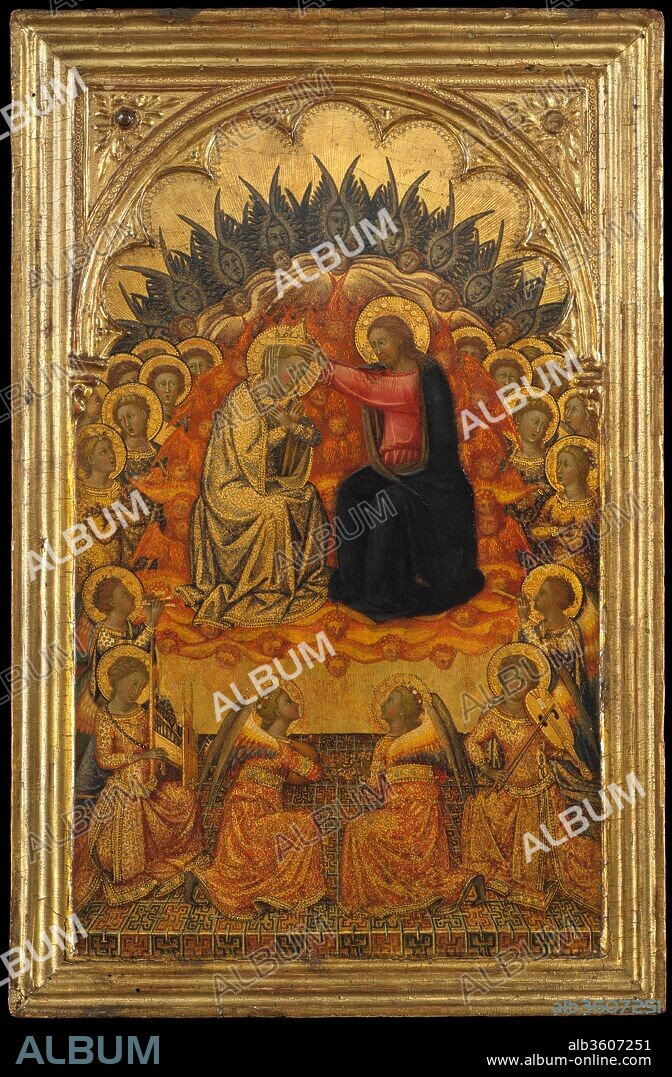 NICCOLO DI BUONACCORSO. The Coronation of the Virgin. Artist: Niccolò di Buonaccorso (Italian, active Siena by 1372-died 1388 Siena). Dimensions: Overall, with engaged frame, 20 x 12 7/8 in. (50.8 x 32.7 cm); painted surface 17 5/8 x 10 1/2 in. (44.8 x 26.7 cm). Date: ca. 1380.
Niccolò di Buonaccorso was one of the most accomplished Sienese painters of the second half of the fourteenth century, though he is little known today. His surviving works are small in scale and rendered in a highly refined miniaturist technique. This richly decorated "Coronation of the Virgin" corresponds in style, size, and framing to two other panels also depicting scenes from the Life of the Virgin: The Presentation of the Virgin (Uffizi, Florence), the Marriage of the Virgin (National Gallery, London). The backs of all three panels are decorated with the same ornamental pattern, suggesting that the structure originally folded in a fashion that would have allowed the backs to be seen. It is not clear how or if the panels were originally joined. Like the other two panels, this one is silvered, punched, and painted with a pattern of diamond-shaped lozenges in blue and red on the verso; the outer edges were originally silvered and punched. It has been suggested that the polyptych may have been produced for the Spedale of Santa Maria Nuova in Florence.