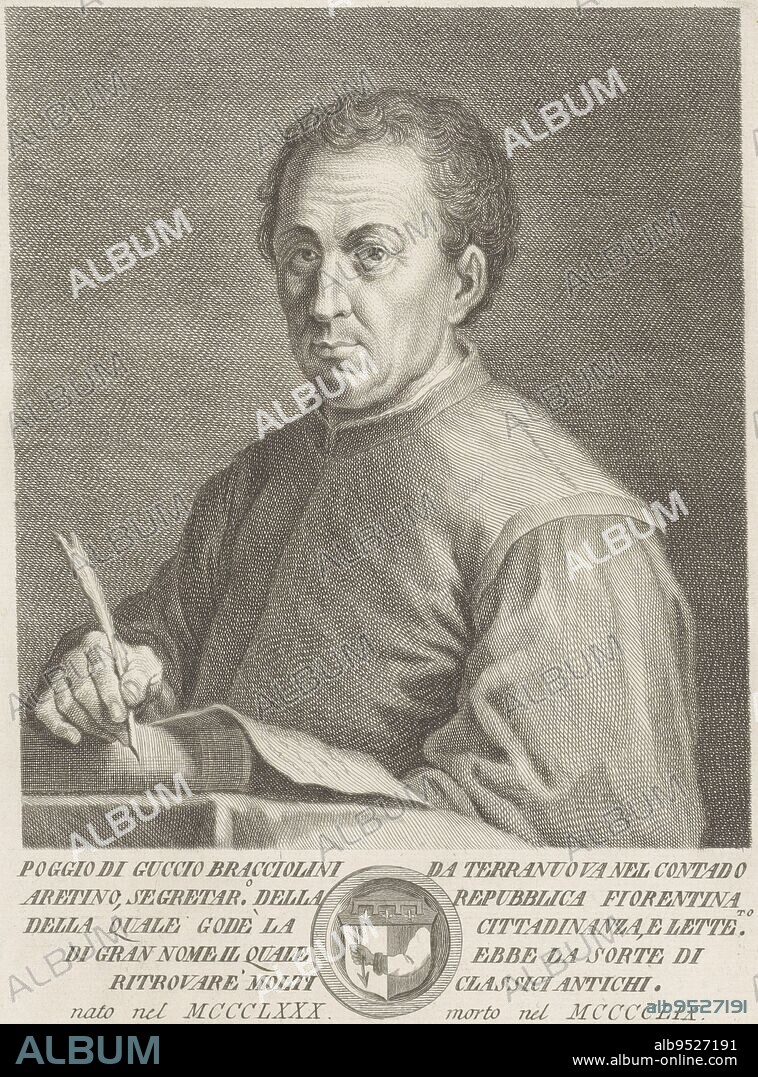 Portrait of Poggio Bracciolini in the half-calf, sitting behind a table In his right hand a quill Below the portrait a text in Italian and a coat of arms in a circular frame, Portrait of Poggio Bracciolini Portraits of famous Italians with coat of arms in lower margin , print maker: Francesco Allegrini, (mentioned on object), intermediary draughtsman: Giuliano Traballesi, (mentioned on object), Giacomo de Sauboin, (mentioned on object), Italy, 1769, paper, engraving, h 297 mm × w 200 mm.