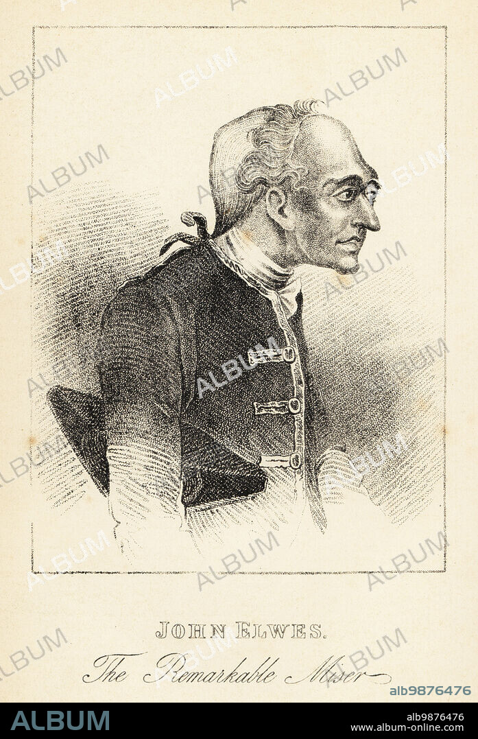 John Elwes, the Remarkable Miser, 1714-1789. Member of Parliament for Berkshire, famous eccentric and miser. Heir to several fortunes and miserly relatives. Reputedly the model for Ebenezer Scrooge in Charles Dickens' A Christmas Carol. Lithograph after a stipple engraving by R. Page from Henry Wilson and James Caulfields Book of Wonderful Characters, Memoirs and Anecdotes, of Remarkable and Eccentric Persons in all ages and countries, John Camden Hotten, Piccadilly, London, 1869.