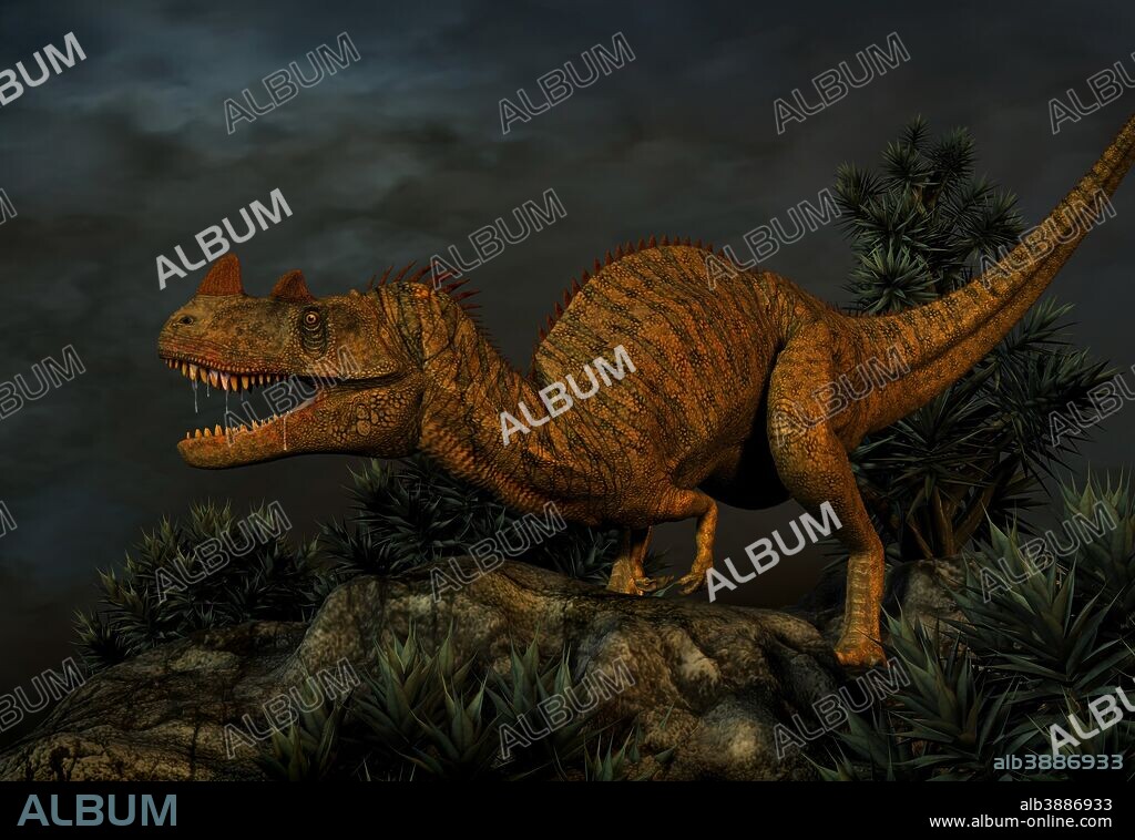 Ceratosaurus was a large predatory theropod dinosaur from the Late Jurassic Period of North America and Portugal. Ceratosaurus was characterized by large jaws with blade-like teeth, a large, blade-like horn on the snout and a pair of hornlets over the eyes.