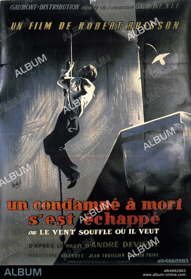 Affiche du film 'Un condamne a mort s'est echappe' realise en 1956 par Robert BRESSON (ne 1907) d'apres le recit d'Andre DEVIGNY. Illustration de Claude HUREL. Credit : Coll. Perrin/KHARBINE-TAPABOR.