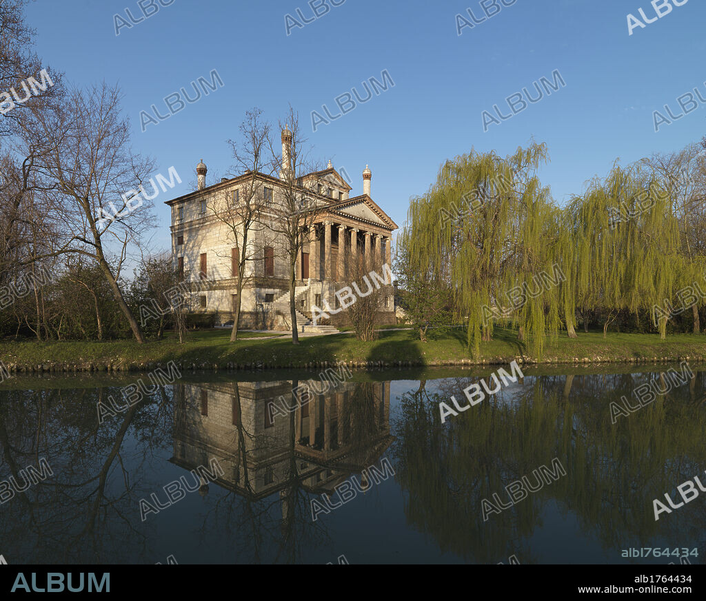 Villa Foscari, Gambarate di Mira, Malcontenta, by Andrea di Pietro della Gondola known as Palladio, 1559-1566 about, 16th Century,. Italy, Veneto, Venice, Mira-Gambarate, Villa Foscari La Malcontenta. View exterior Villa Malcontenta garden park park lake weeping willows pronaos, 2009 photograph.