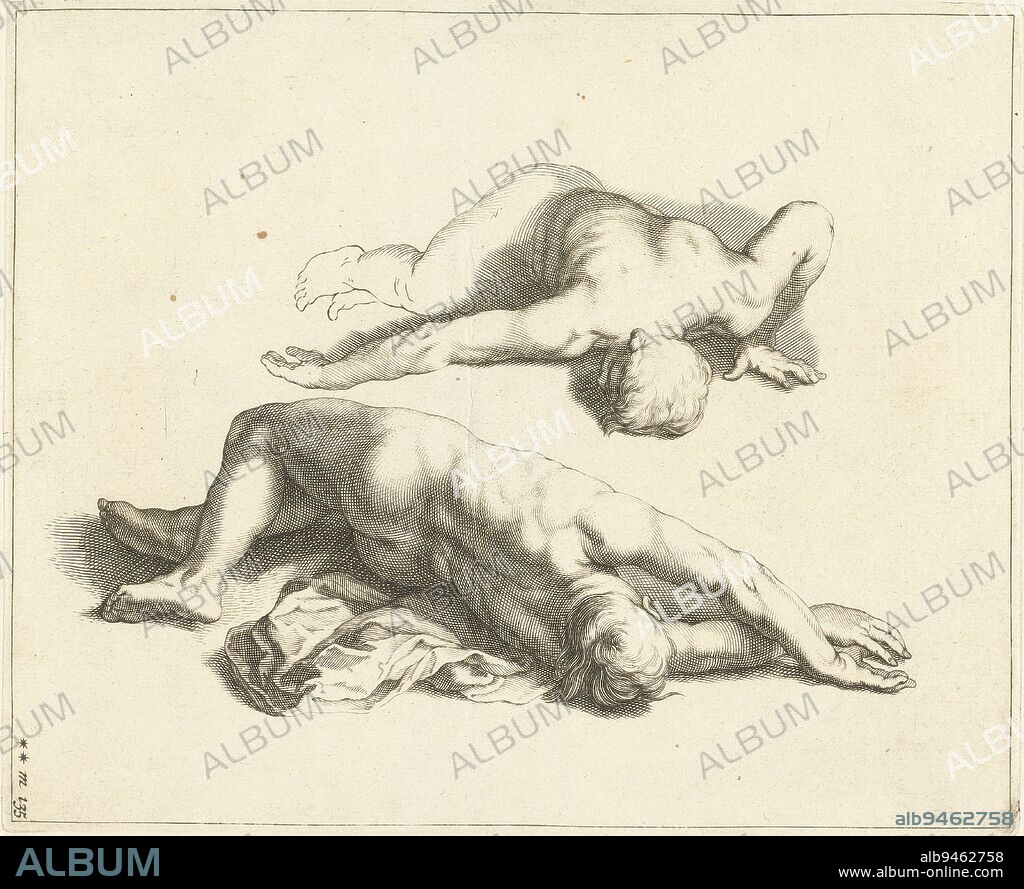 Study of two male nudes in landscape position, Two male nudes Abraham Bloemaert's drawing book , print maker: Frederick Bloemaert, intermediary draughtsman: Abraham Bloemaert, publisher: Nicolaes Visscher (II), print maker: Utrecht, publisher: Amsterdam, c. 1679 - c. 1700, paper, engraving, h 207 mm × w 167 mm.